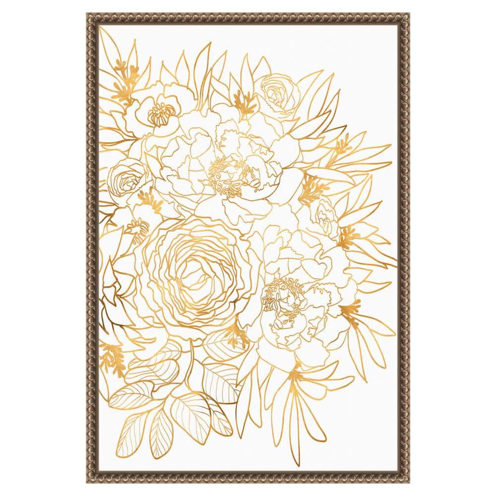 Gold Botanical-Inspired Floral Canvas Print with Beaded Frame