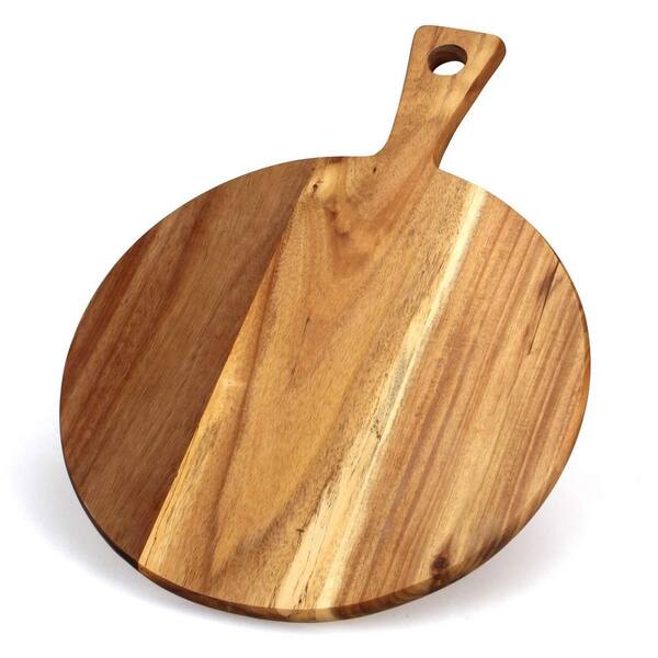 21 in. x 16 in. Round Acacia Wood Cutting Board with Handle for Kitchen, Wooden Chopping Board, Pizza Board