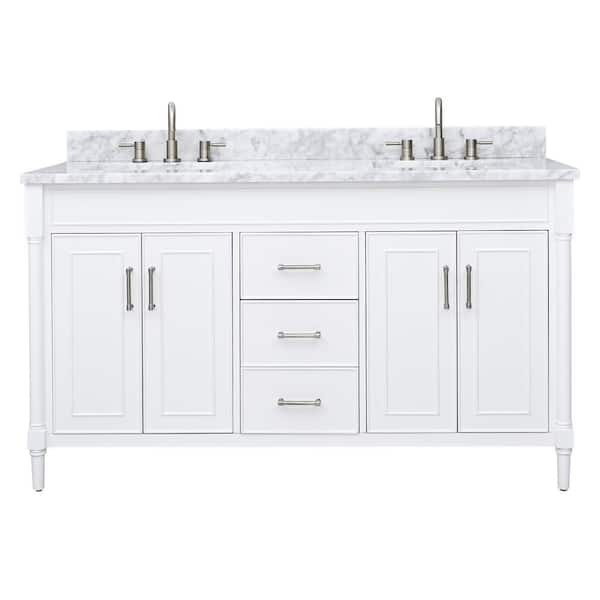 Bristol 61 in. Double Sink White Bath Vanity with Carrara White Marble Top