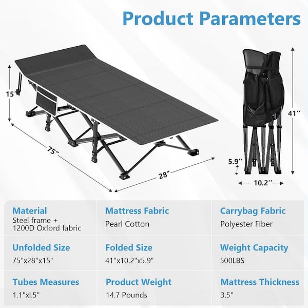 Portable Camping Cot Heavy-Duty with Pearl Cotton Mattress and Carry Bag for Camp Office Use