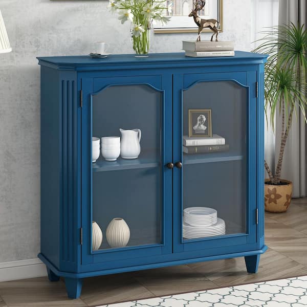 ANBAZAR Navy Blue Sideboard Buffet Cabinet with Cabinets and Tempered ...