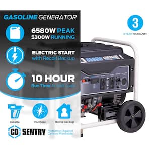 6,580/5,300-Watt Dual Fuel Electric Start Gasoline/Propane Portable Home Power Backup Generator with CO Alert Shut Off