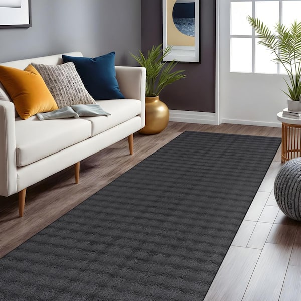 Aurora 2 ft. x 7 ft. Dark Grey Non-Slip Rubber Back Washable Polyester Checker Indoor Runner Rug