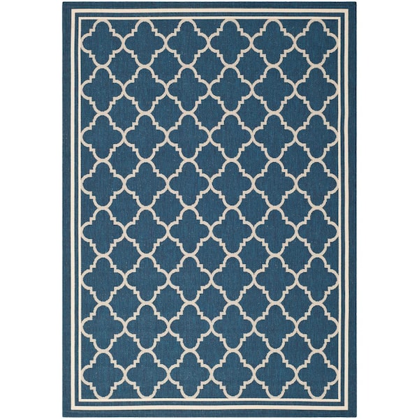 Courtyard Navy/Beige 8 ft. x 11 ft. Geometric Indoor/Outdoor Patio  Area Rug