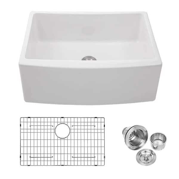 24 in. Farmhouse/Apron-Front Single Bowl White Ceramic Kitchen Sink with Accessories