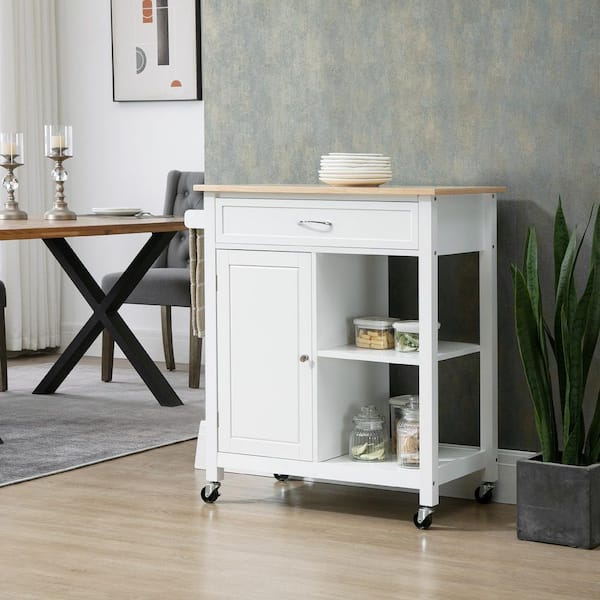 White Solid Rubber Wood Top 32in. Kitchen Island with Pull-Out Drawer, Adjustable Shelving, and Locking Wheels