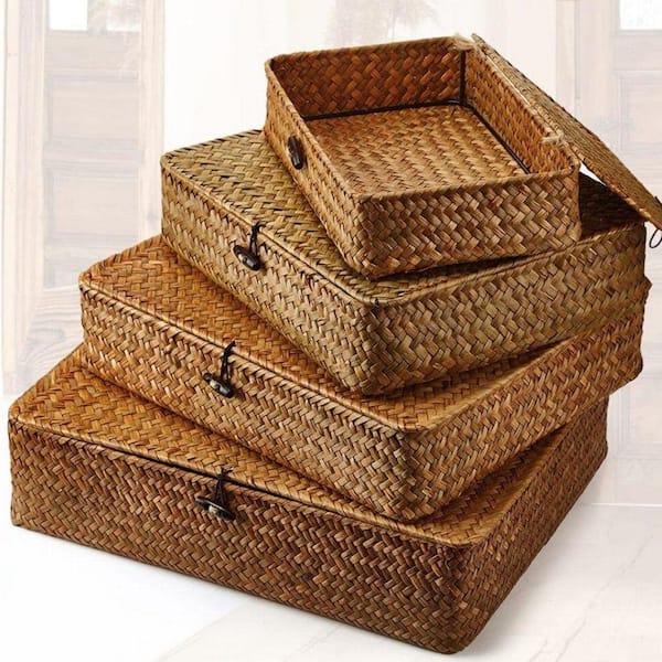 Brown 14 in. x 4 in. Wicker Decorative Box with Lids Set of 4