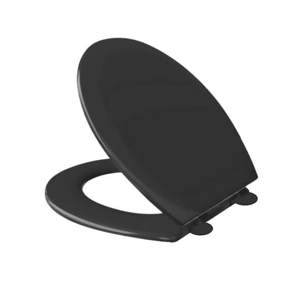 Elongated Soft-Close Never-Loosens Plastic Round Bidet Toilet Seat in Black