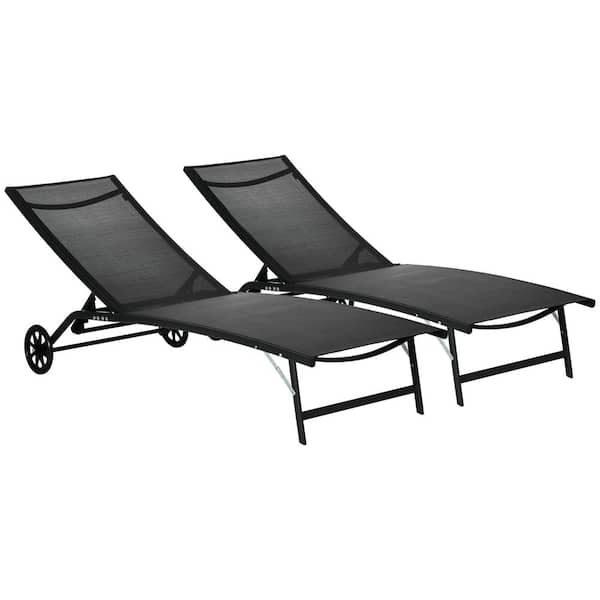 ITOPFOX 2-Piece Metal Outdoor Chaise Lounge with Mesh Fabric Seat Wheels Tanning Chair with 5 Adjustable Positions in Black