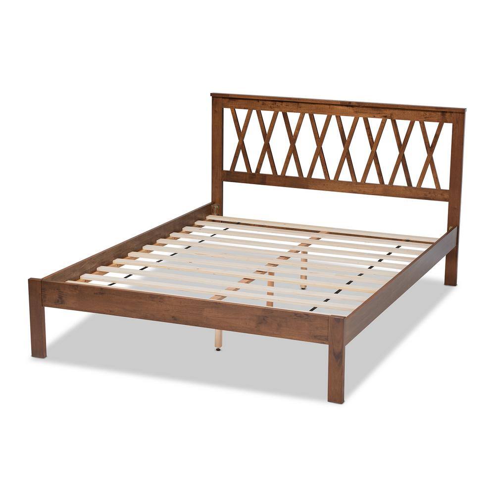 Queen Walnut Rubberwood Platform Bed with Criss-Cross Headboard