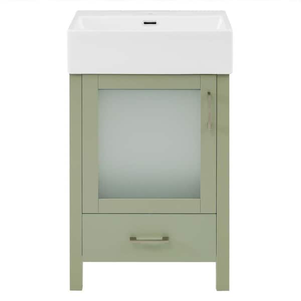 Lycvki 20 in. W Freestanding Bath Vanity in Green with White Ceramic Top, 1 Soft Closing Door and 1-Drawer