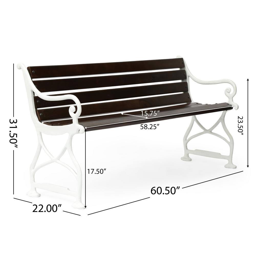 Rustic Brown Acacia & White Iron Floral Outdoor Bench