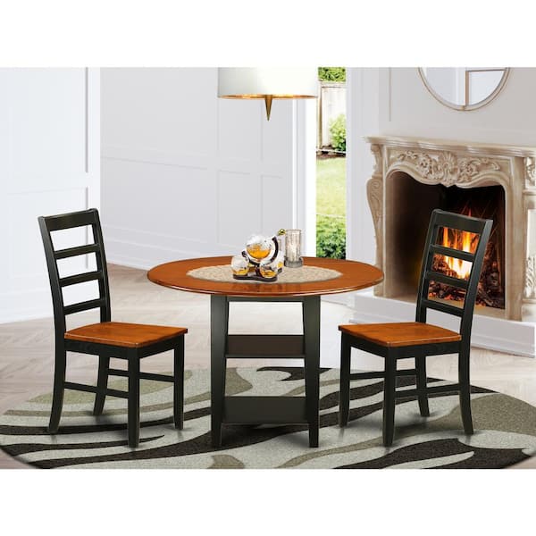 East West Furniture 3-Piece Black and Cherry Finish Round Solid Wood Top Dining Table Set