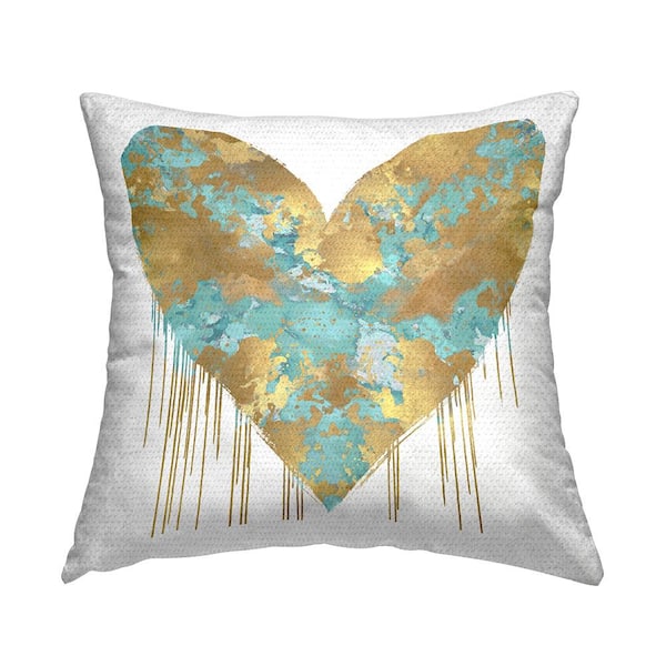 Glam Heart Blue Accent Gold Square Outdoor Throw Pillow