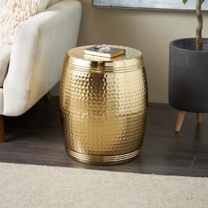 16 in. W. x 19 in. Gold Hammered Drum Round Metal Coffee Table with Grooves