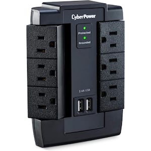 6-Outlets Power Surge Protector, with 1200J/125-Volt and 2 USB Charging Ports, Wall Tap in Black