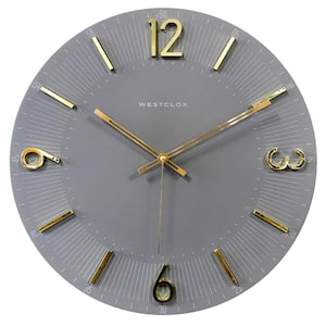 33947- Contemporary Analog 16" Quartz Wall Clock - Gray with Raised Gold Numbers - Accurate Timekeeping