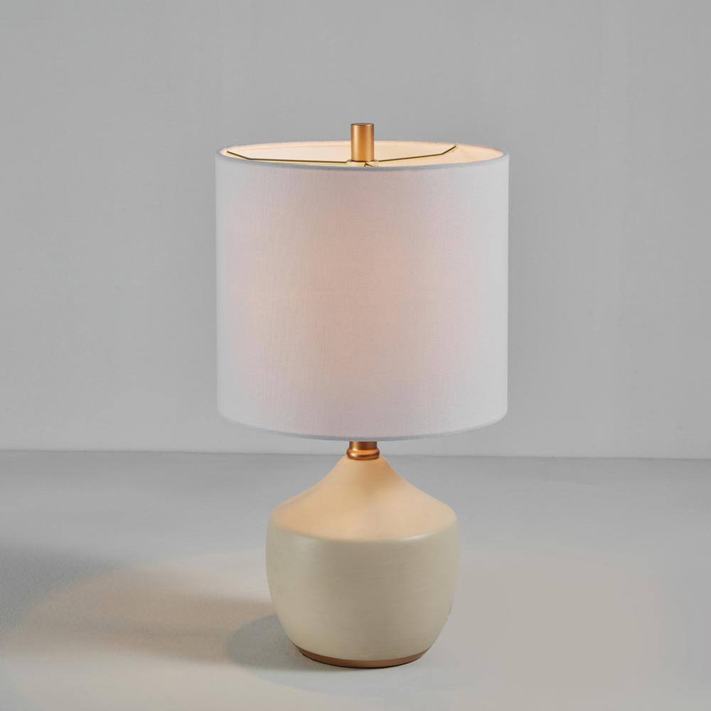 Cream Ceramic Table Lamp with White Linen Shade and Brass Accents