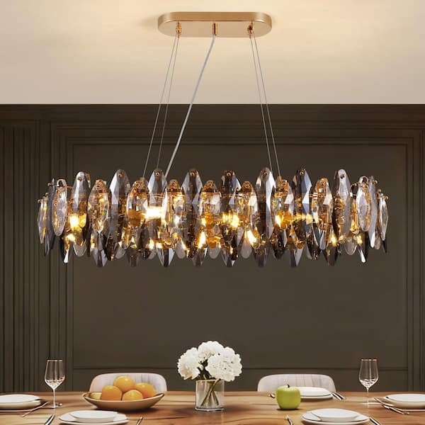 36 in. 10-Light Modern Champagne Gold and Smoke Gray Oval Meteor Crystal Chandelier for Living Room Kitchen and Foyer