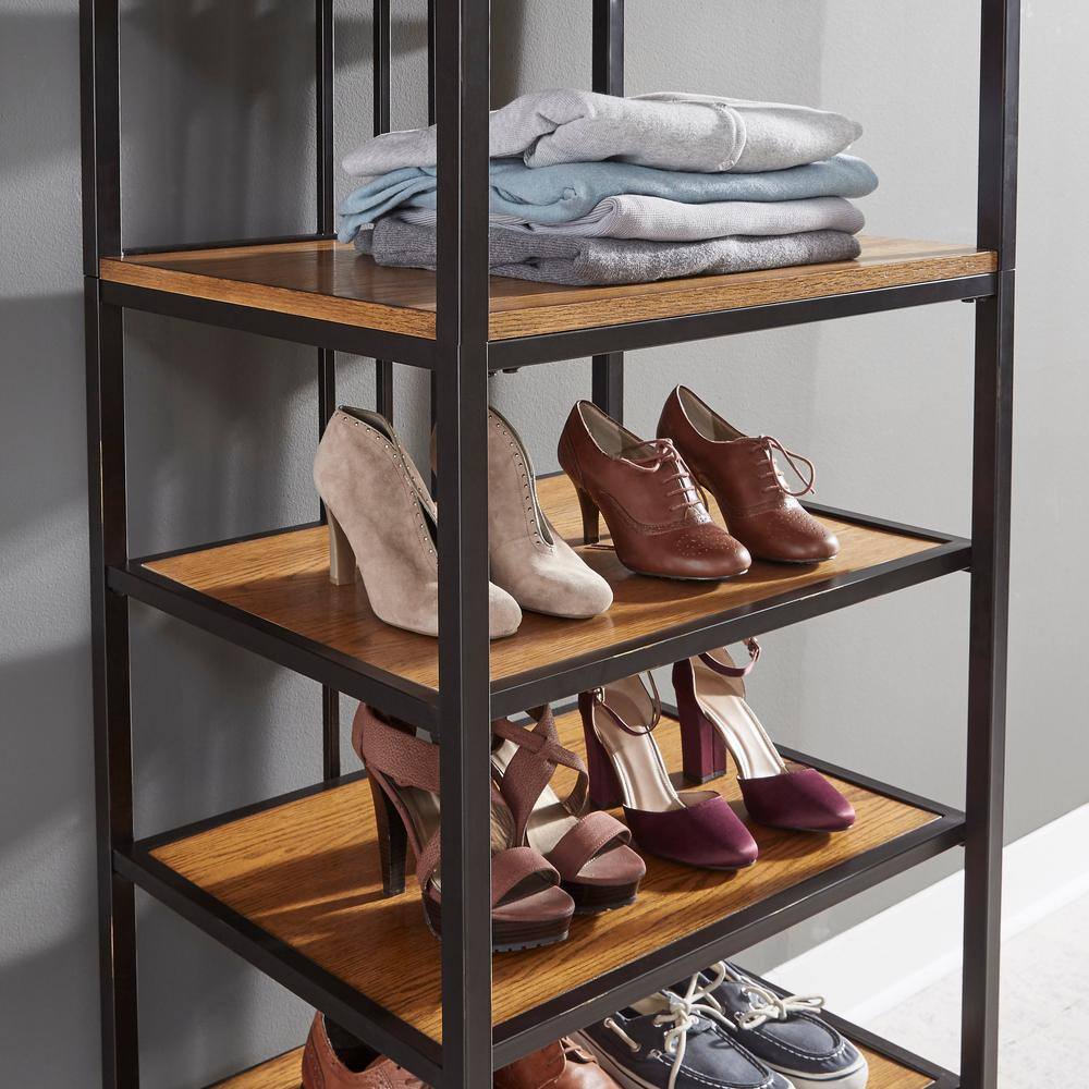 Modern Craftsman Distressed Oak Wall Shelf Unit with Gold Accents