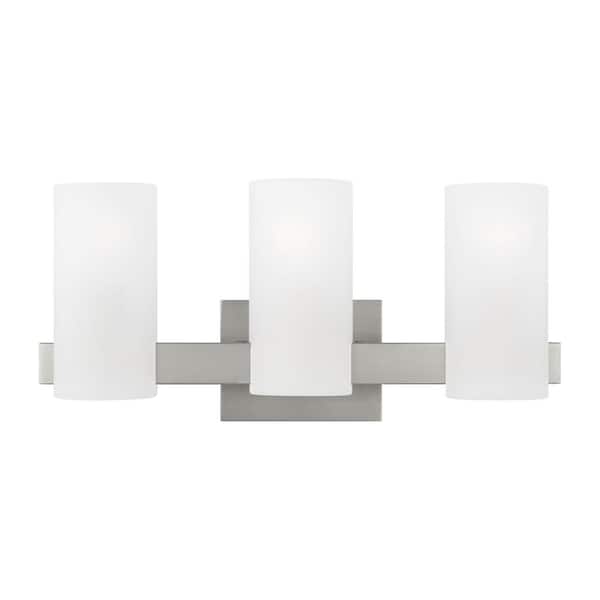 SCOTT LIVING Rhode 19.63 in. 3-Light Brushed Steel Large Vanity Light with Etched Glass Shades