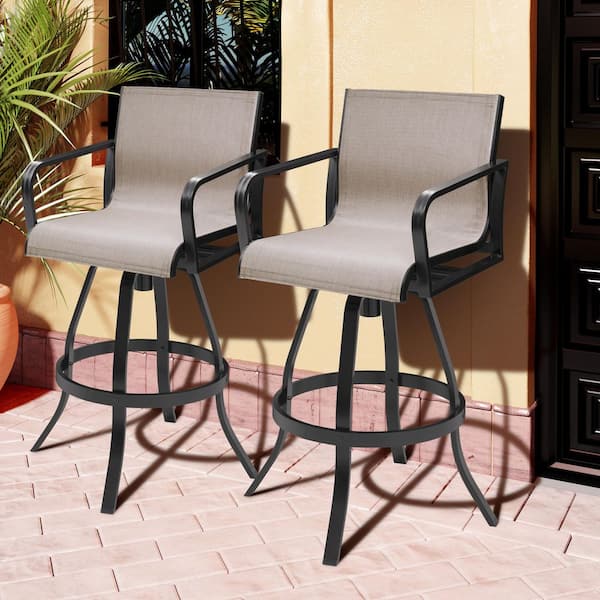 2-Pack Swivel Aluminum Outdoor Bar Stools Chairs Sunbrella Fabric in Augustine Ashe
