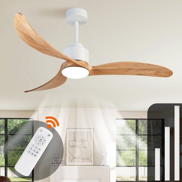 52 in. White Propeller Fan with Light, Solid Natural Wood Blades, 3-Color Dimmable LED, 3-Downrods