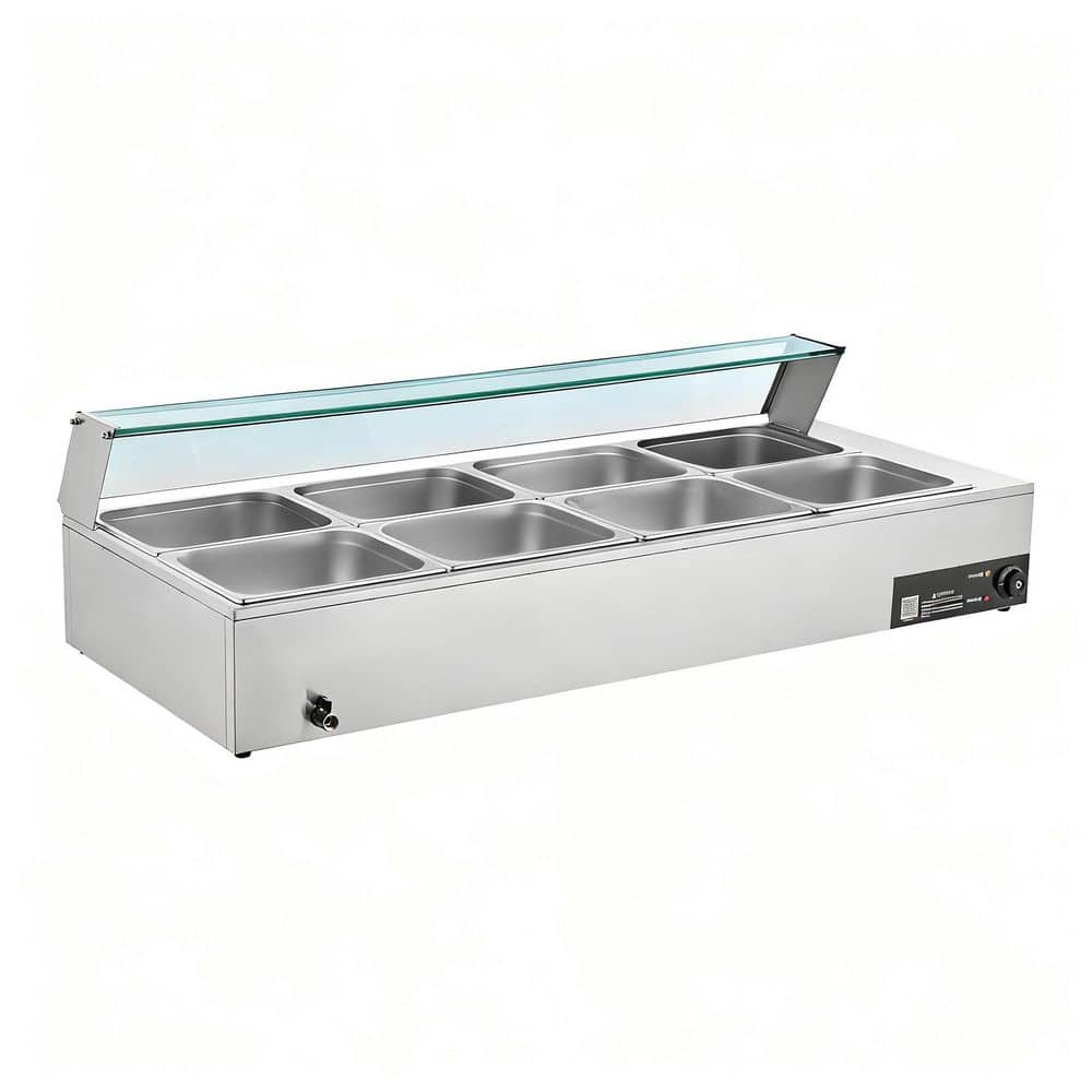 Commercial Food Warmer, 1700W Electric Stainless Steel Steam Heater with Glass Cover, 8-Pan Countertop Buffet Bain Marie