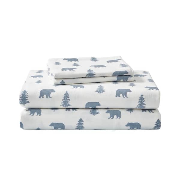 Eddie Bauer Bears and Trees 4-Piece White and Blue Graphic Flannel Full Sheet Set