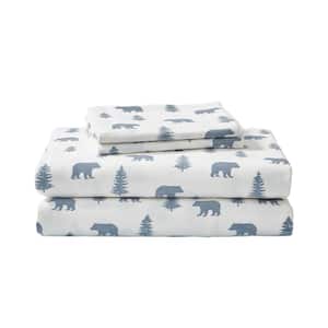 Bears and Trees 4-Piece White and Blue Graphic Flannel King Sheet Set
