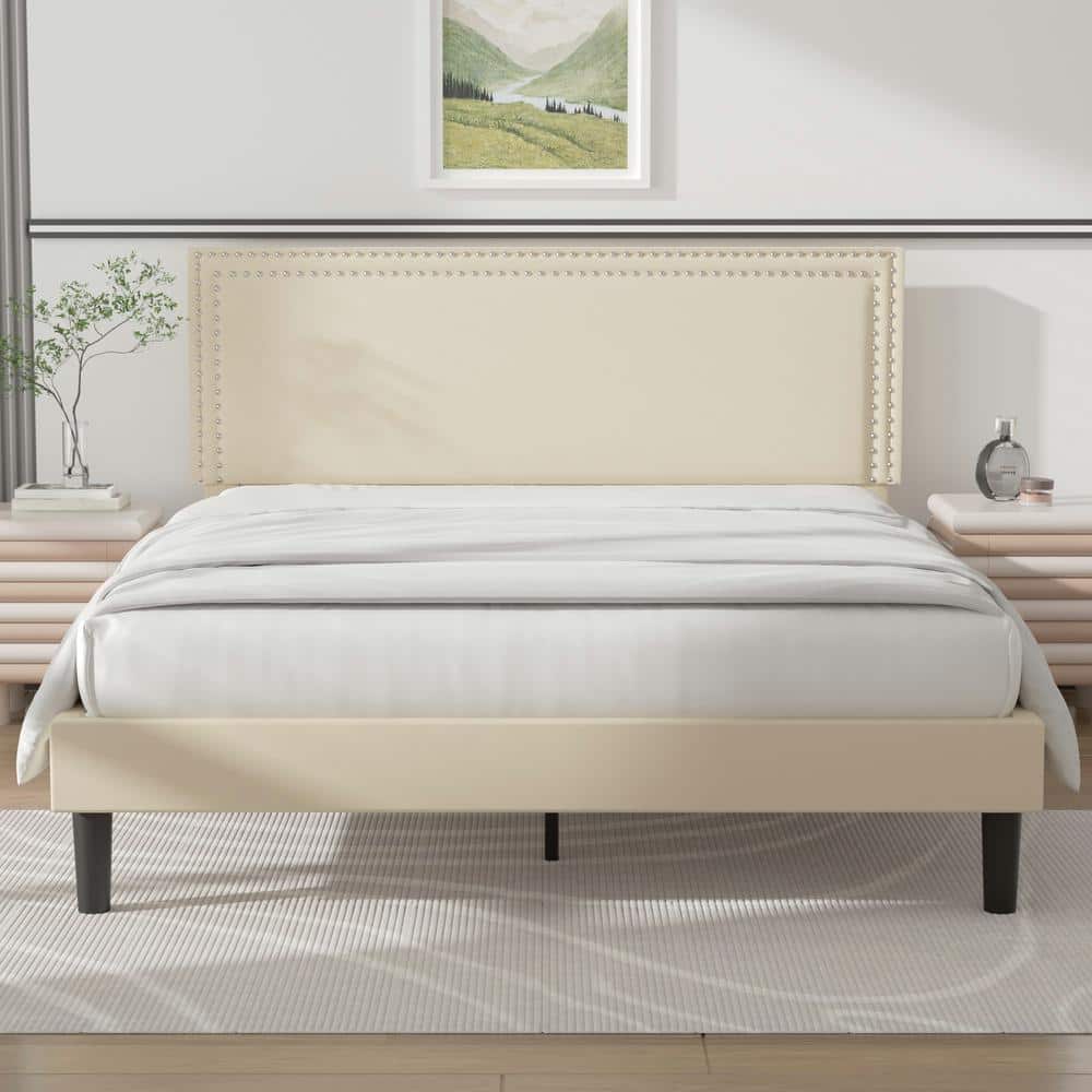 VECELO Upholstered Bed with Adjustable Headboard, No Box Spring Needed  Platform Bed Frame, Bed Frame Beige Queen Bed KHD-CY-QB05-BGE - The Home  Depot