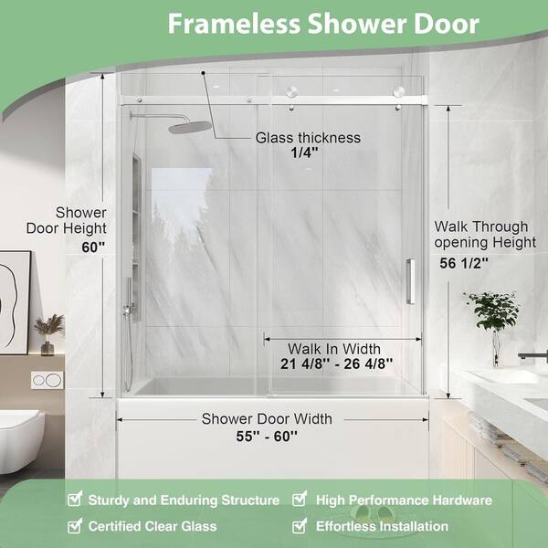 EASYWORC 55-60 in. W x 60 in. H Sliding Tub Door in Brushed Nickel