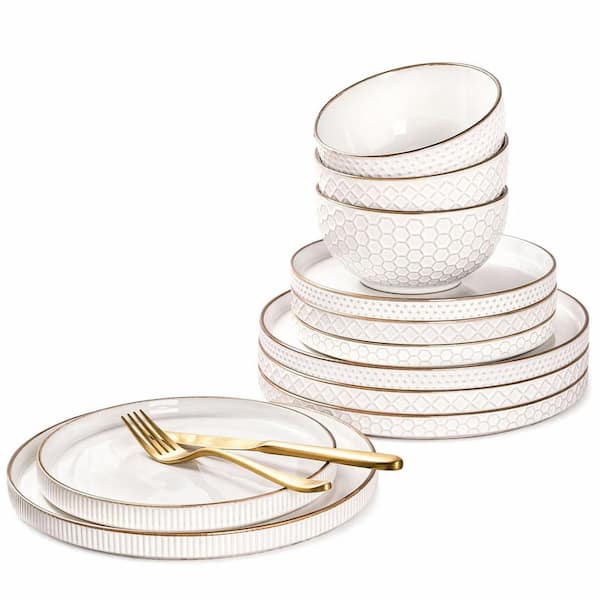 1 in. Ceramic 12-Piece Embossed Off-White Stoneware Dinnerware Set Chip Resistant Stackable Plates Bowls Service for 4