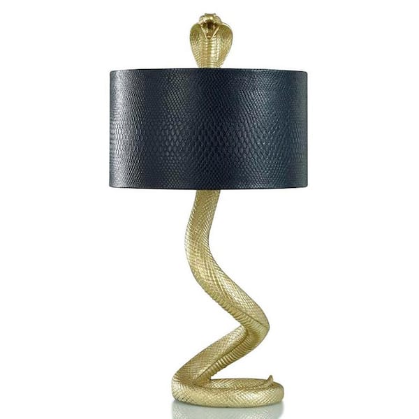 StyleCraft 27.75 in. Gold, Black Snakeskin Task and Reading Table Lamp for Living Room with Black Leather Shade
