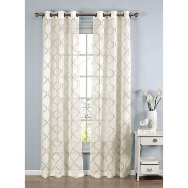 Window Elements Sheer Lisse Cotton Blend Burnout Sheer 96 in. L Grommet Curtain Panel Pair, Ivory (Set of 2)