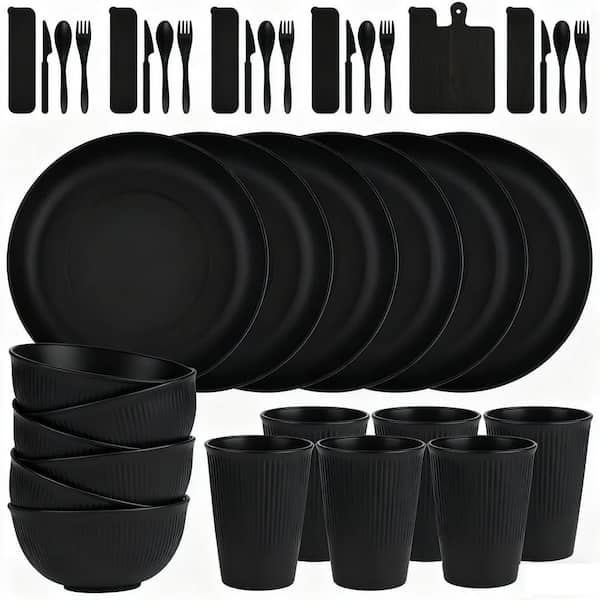 Numhew 42-Piece Black Wheat Straw Dinnerware Sets for 6, Dinner
