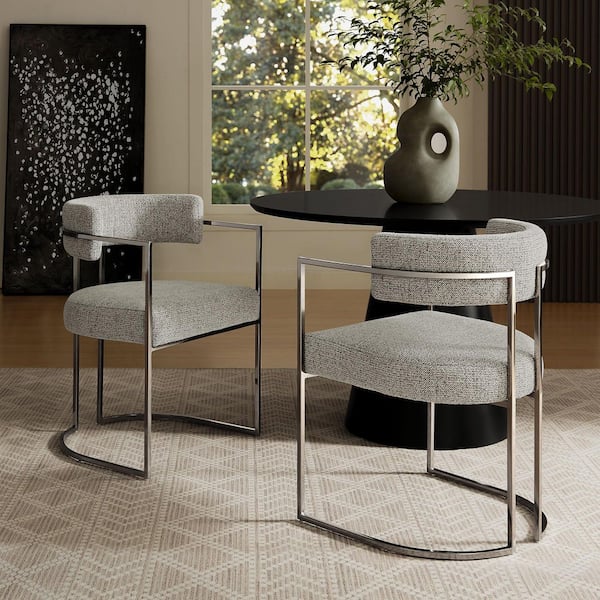 Huron Modern Barrel Dining Chair with Sled Base in Silver Wheat – Upholstered Fabric Accent Chair with Open Curved Back