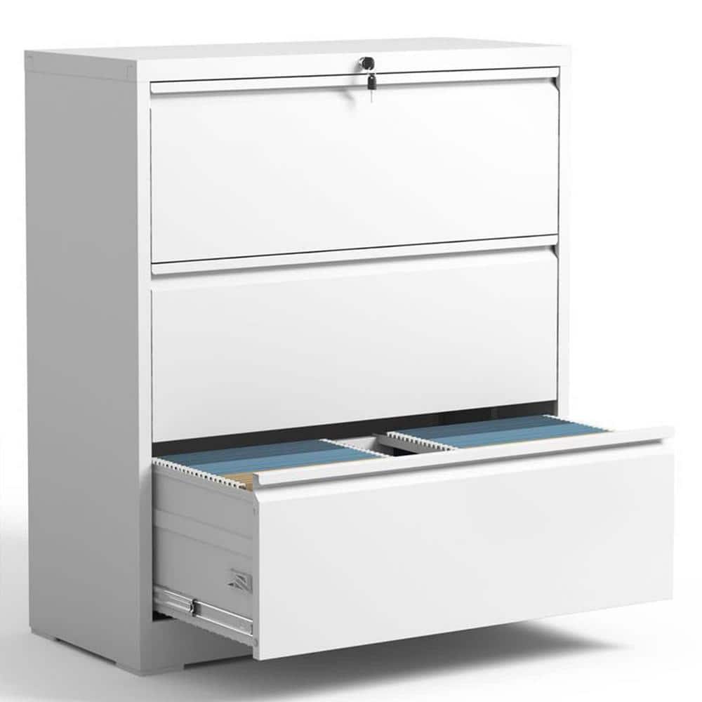 3-Drawer White Metal 35.43 in. W Lateral File Cabinet with Lock, Home Offic