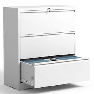 3-Drawer White Metal 35.43 in. W Lateral File Cabinet with Lock, Home Office Hanging File Letter/Legal/F4/A4 Size