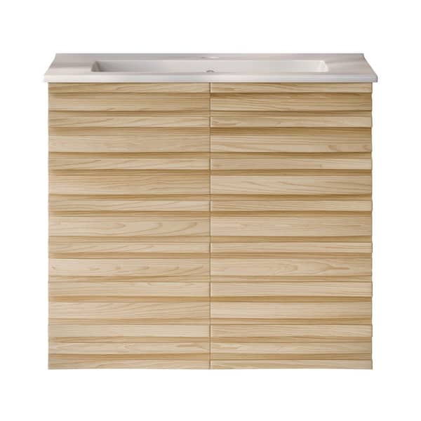 Cascade 24 in. Wall-Mounted Bath Vanity in Natural Oak with White Ceramic Sink Top