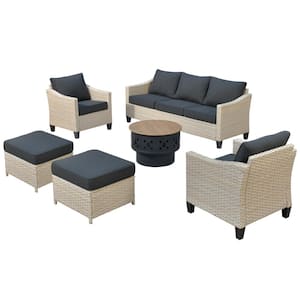Oconee 6-Piece Wicker Outdoor Patio Conversation Sofa Seating Set with a Wood-Burning Fire Pit and Black Cushions