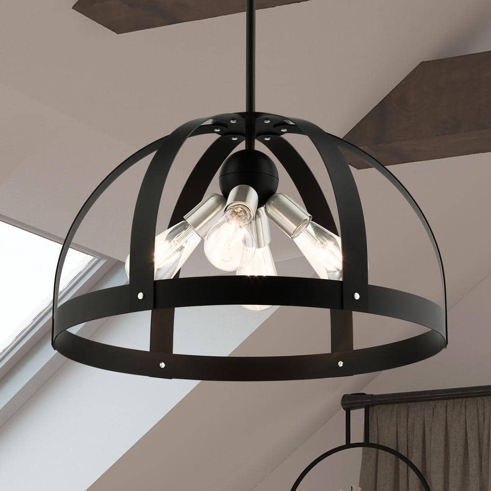 Textured Black Glass and Metal 4-Light Pendant Chandelier