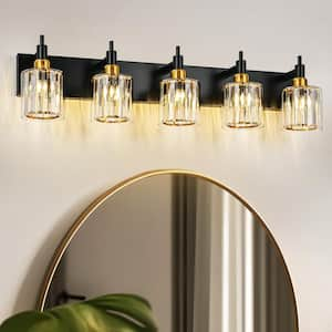 Orillia 35.43 in. 5-Light Black and Gold Bathroom Vanity Light Fixture Wall Sconce with Crystal