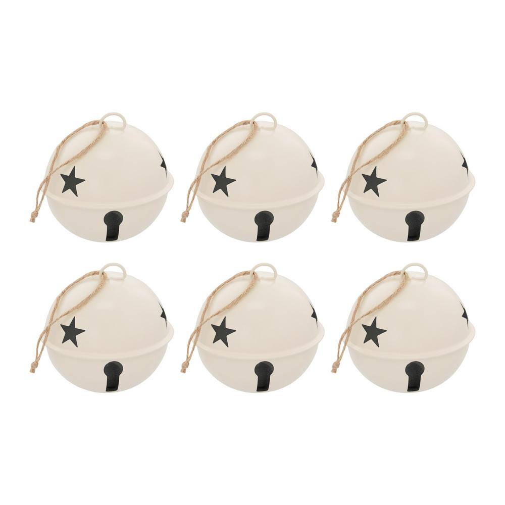Ivory Metal Jingle Bell Ornaments with Star Cutouts, Set of 6