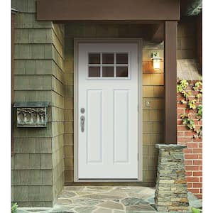 30 in. x 80 in. 6 Lite Craftsman White Painted Steel Prehung Left-Hand Outswing Front Door w/Brickmould
