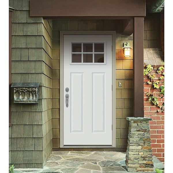 34 in. x 80 in. 6 Lite Craftsman White Painted Steel Prehung Left-Hand Outswing Front Door w/Brickmould