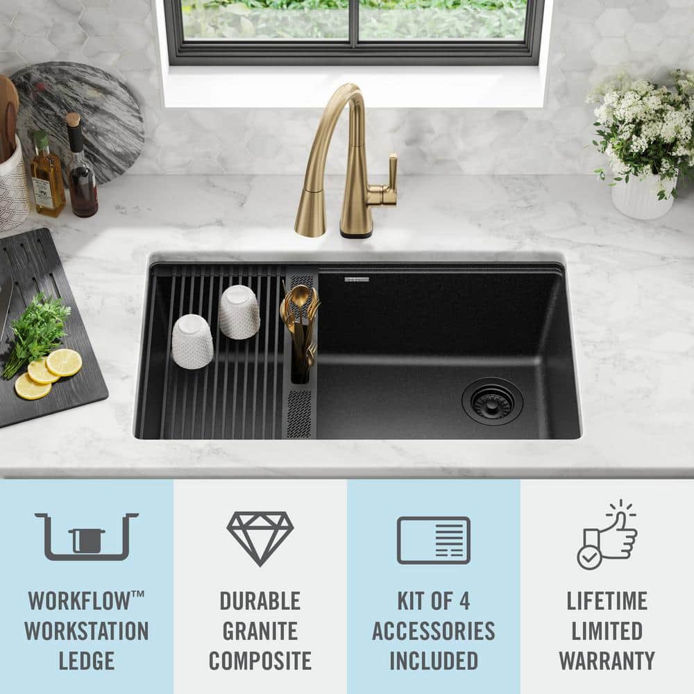 Metallic Black Granite Composite Single Bowl Workstation Sink with Drainboard