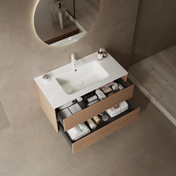 Tenleaf 36 in. W Single Sink Floating Bath Vanity in Natural with White Ceramic Top and 2 Drawers, Sink Hole Cover and Drain