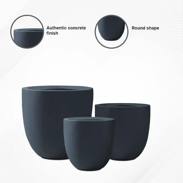 20 in. 16.5 in. 13.4 in. Round Concrete Planters Set of 3, Indoor/Outdoor Modern Design, Charcoal