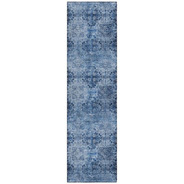 Navy Blue 2 ft. x 8 ft. Woven Floral;Medallion Polyester Runner Indoor / Outdoor Area Rug